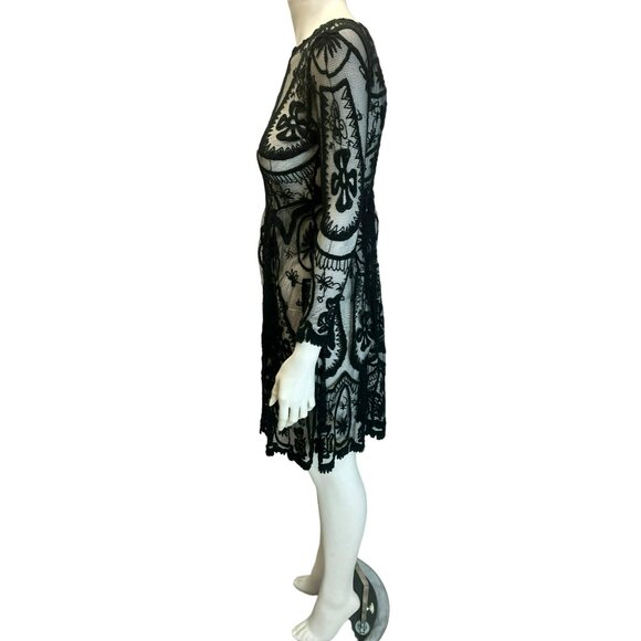 Jens Pirate Booty Free People Sheer Black Floral Embroidered Vintage Lace Dress - Picture 7 of 9